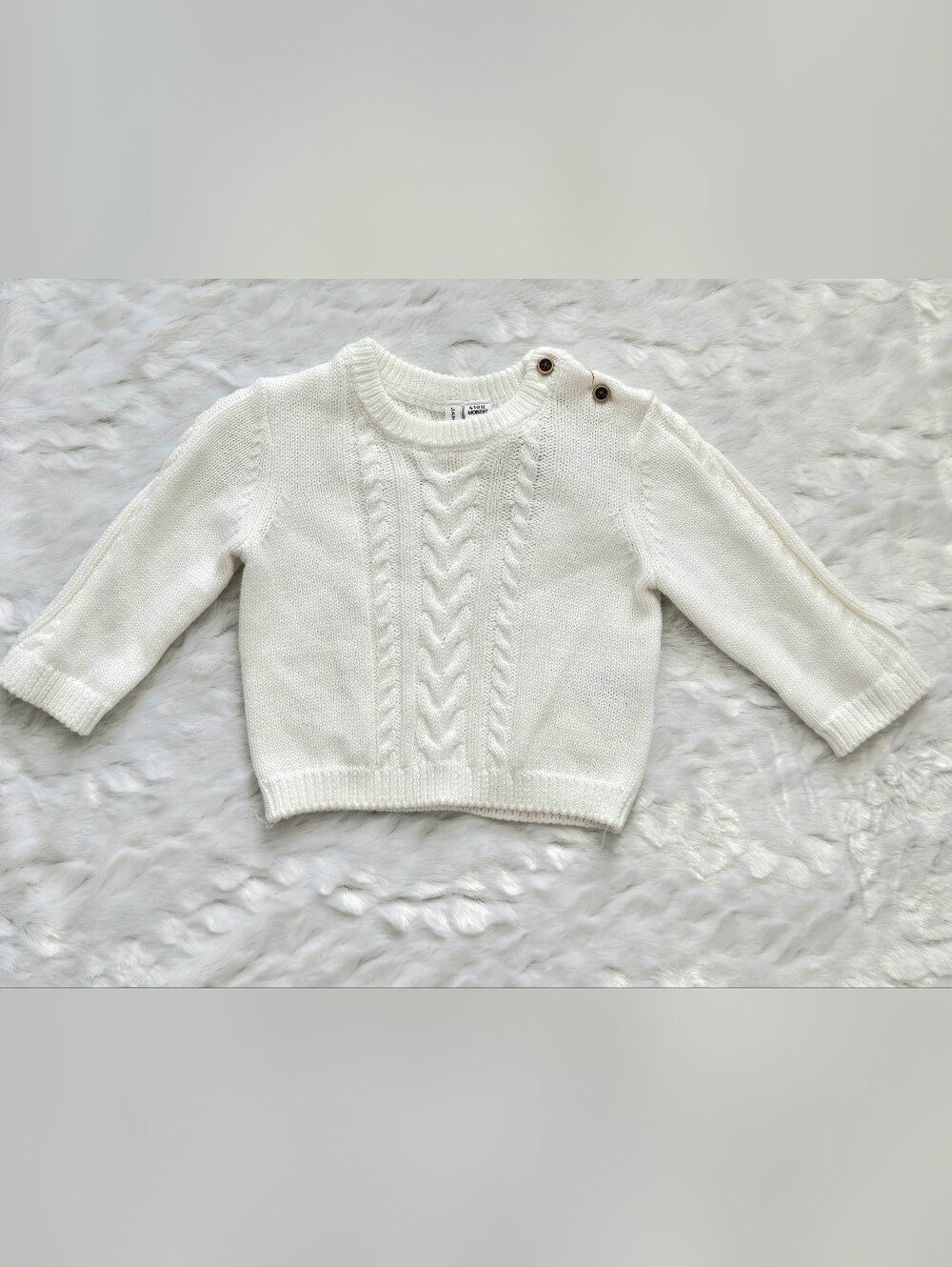 Janie and Jack Cream Cable-Knit Crewneck Sweater with Shoulder Buttons, Sz 6/12